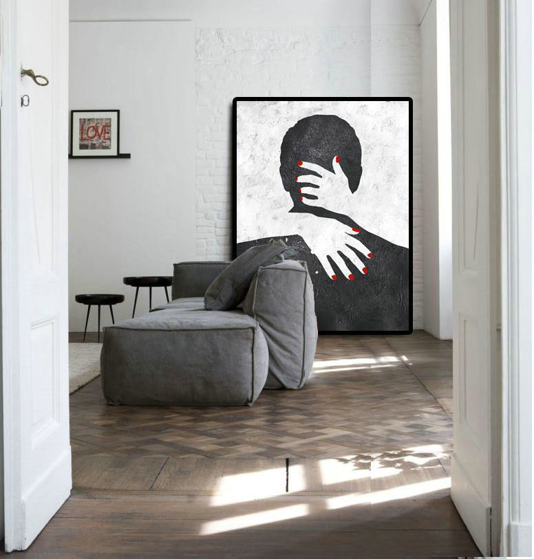 Handmade Large Contemporary Art,Black And White Minimal Painting On Canvas - Custom Canvas Wall Art